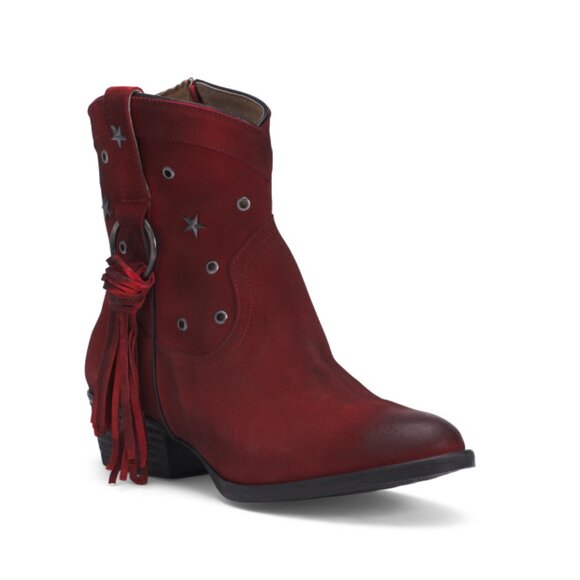 CIRCLE G Red Haircalf Fringes And Studs Shortie Round Toe Boots